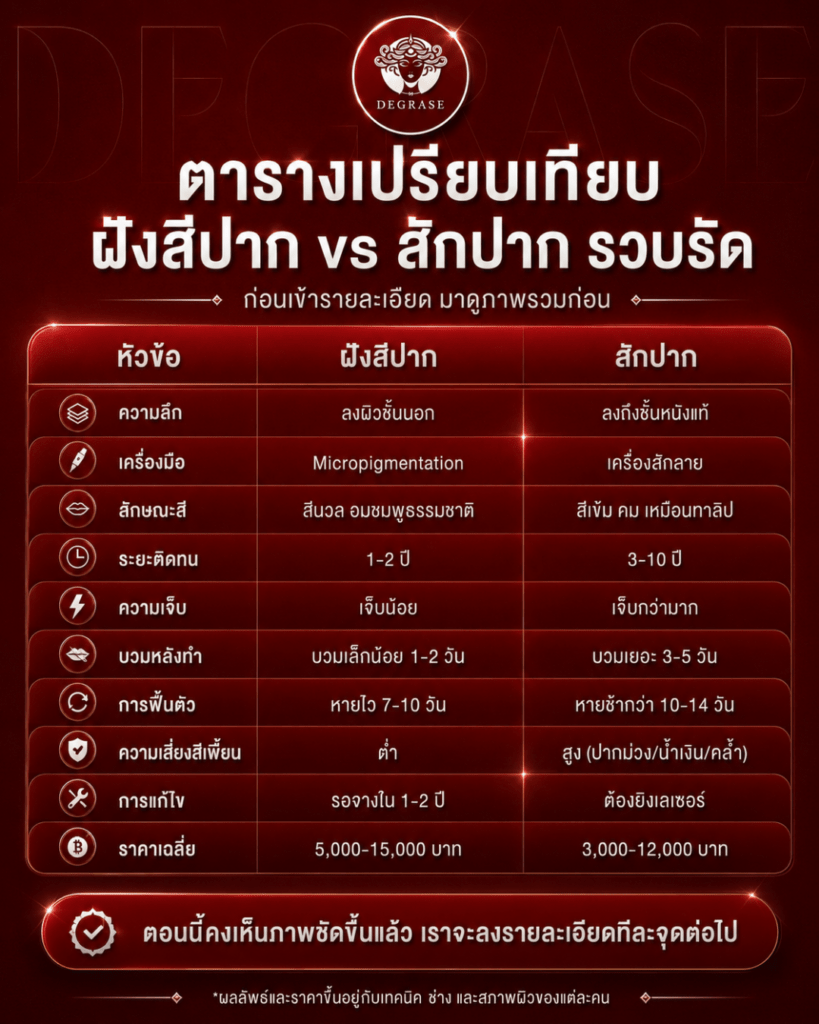 ตารางเปรียบเทียบ ฝังสีปาก vs สักปาก รวบรัด ฝังสีปากกับสักปากต่างกันอย่างไร